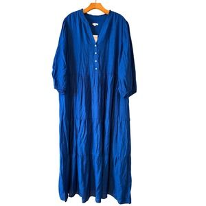 NEW J.Jill Oceanic Maxi Dress Blue Linen Blend Tiered V Neck Button Front 3X